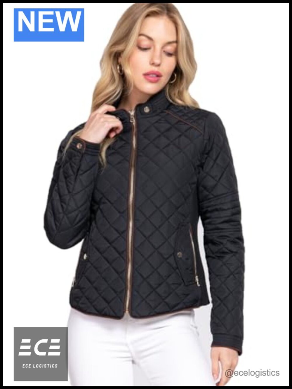 Womens Lightweight Quilted Zip Jacket Diamond Quilted Long Sleeve Casual